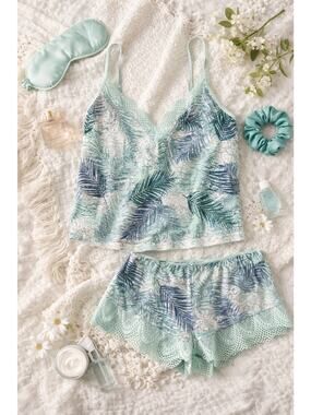 NWT In Bloom by Jonquil Women's Lace Cami & Shorts Pajama Set Aqua Palm Size XL